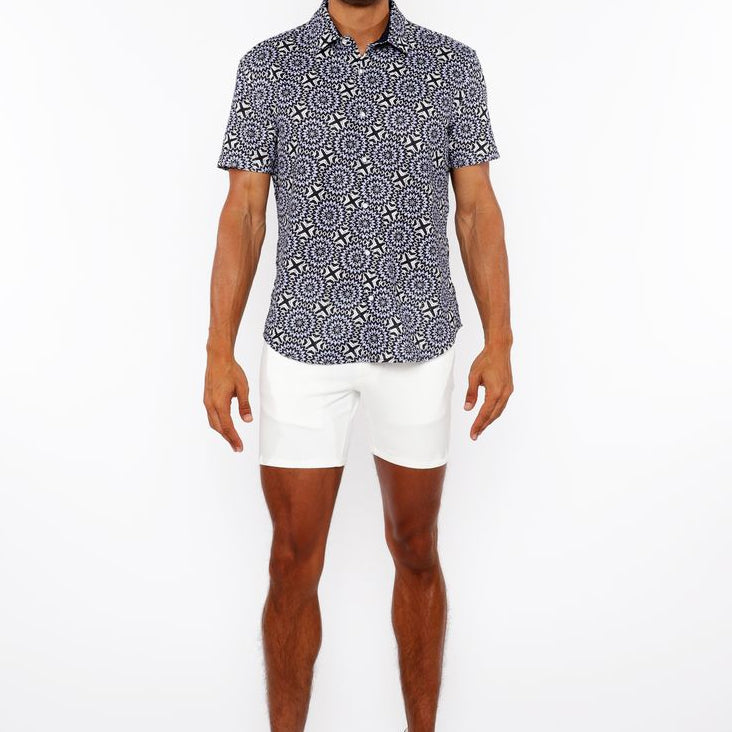 MIDNIGHT/PERIWINKLE BURSTS PRINTED OPEN KNIT STRETCH SHORT SLEEVE SHIRT ST-48072