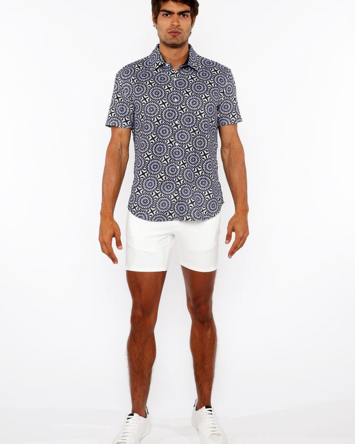 MIDNIGHT/PERIWINKLE BURSTS PRINTED OPEN KNIT STRETCH SHORT SLEEVE SHIRT ST-48072