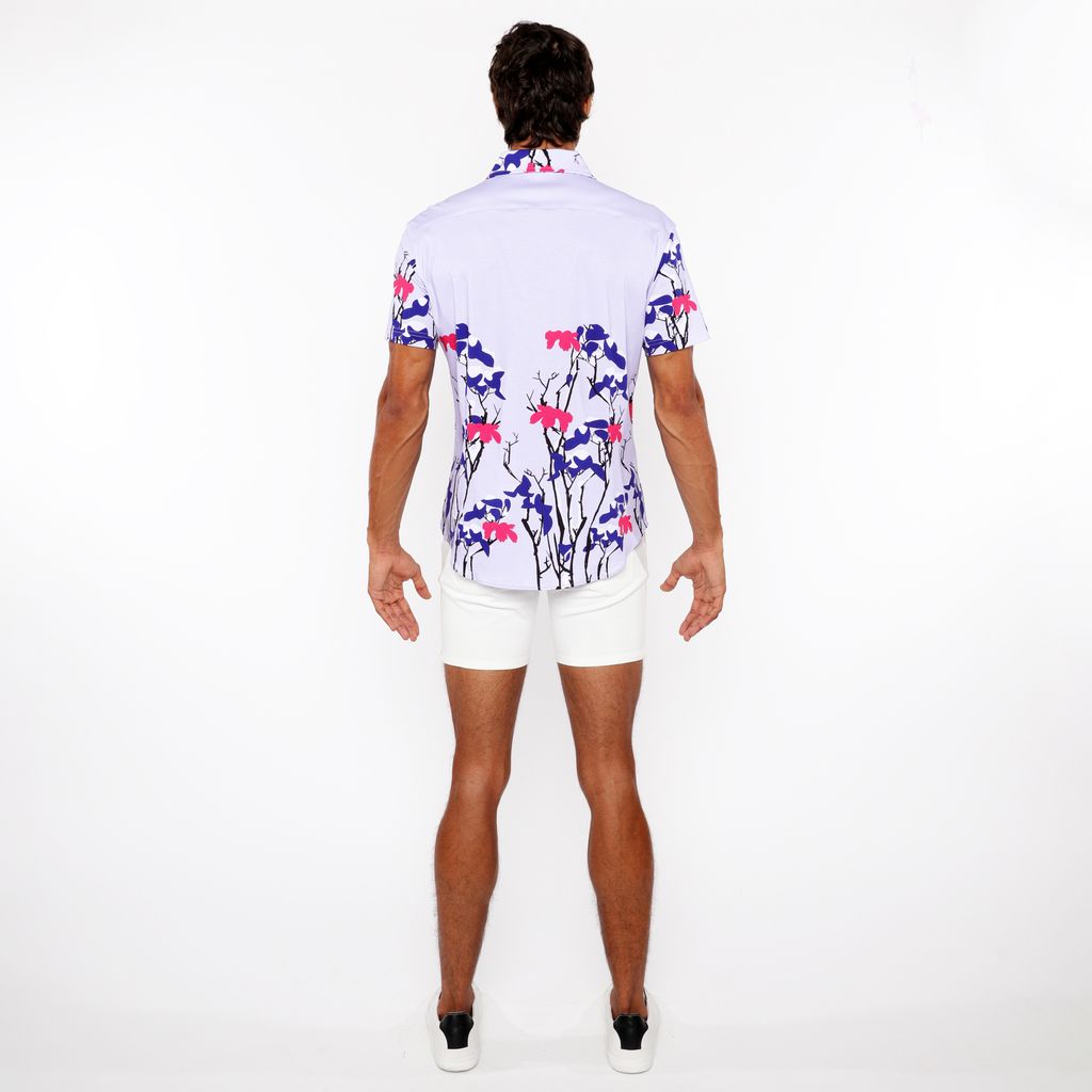 NAVY/LILAC FLORAL BORDER PRINT COTTON JERSEY KNIT SHORT SLEEVE SHIRT ST-9336