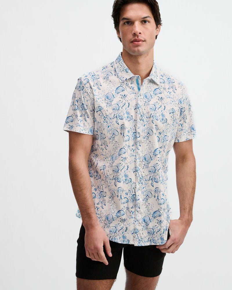OCEAN/BLUE JELLYFISH PRINTED COTTON KNIT JERSEY SHORT SLEEVE SHIRT W/PLACKET DETAIL ST-9360