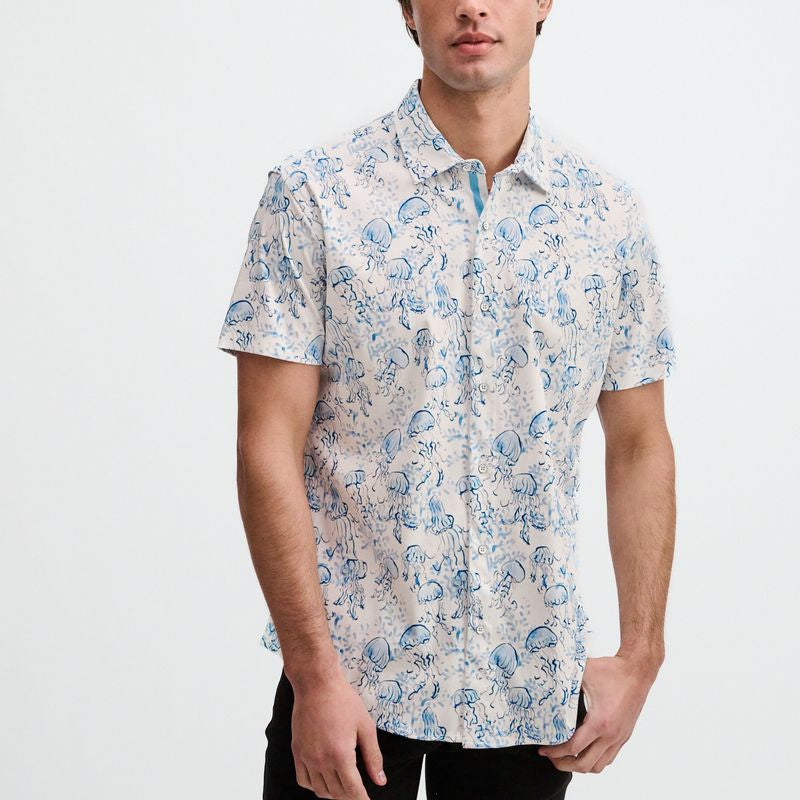 OCEAN/BLUE JELLYFISH PRINTED COTTON KNIT JERSEY SHORT SLEEVE SHIRT W/PLACKET DETAIL ST-9360