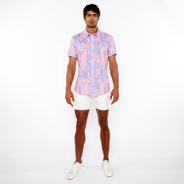 PEACH/BLUE STRIPE PRINTED COTTON KNIT JERSEY SHORT SLEEVE SHIRT ST-9337