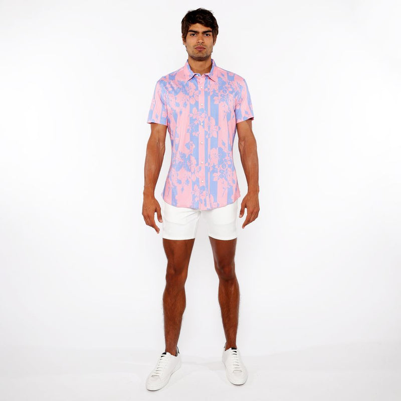 PEACH/BLUE STRIPE PRINTED COTTON KNIT JERSEY SHORT SLEEVE SHIRT ST-9337