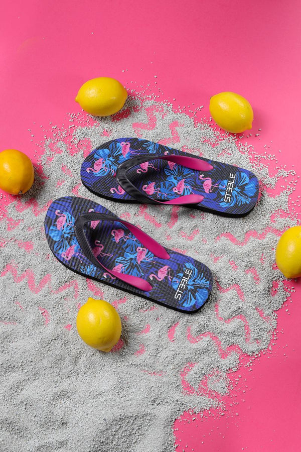 BLACK/FUCHSIA FLAMINGOS PRINTED FLIP FLOP
