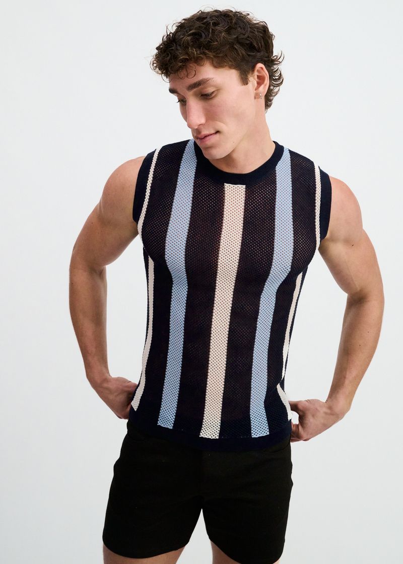 NAVY TEXTURED STRIPE OPEN KNIT VEST ST-24311