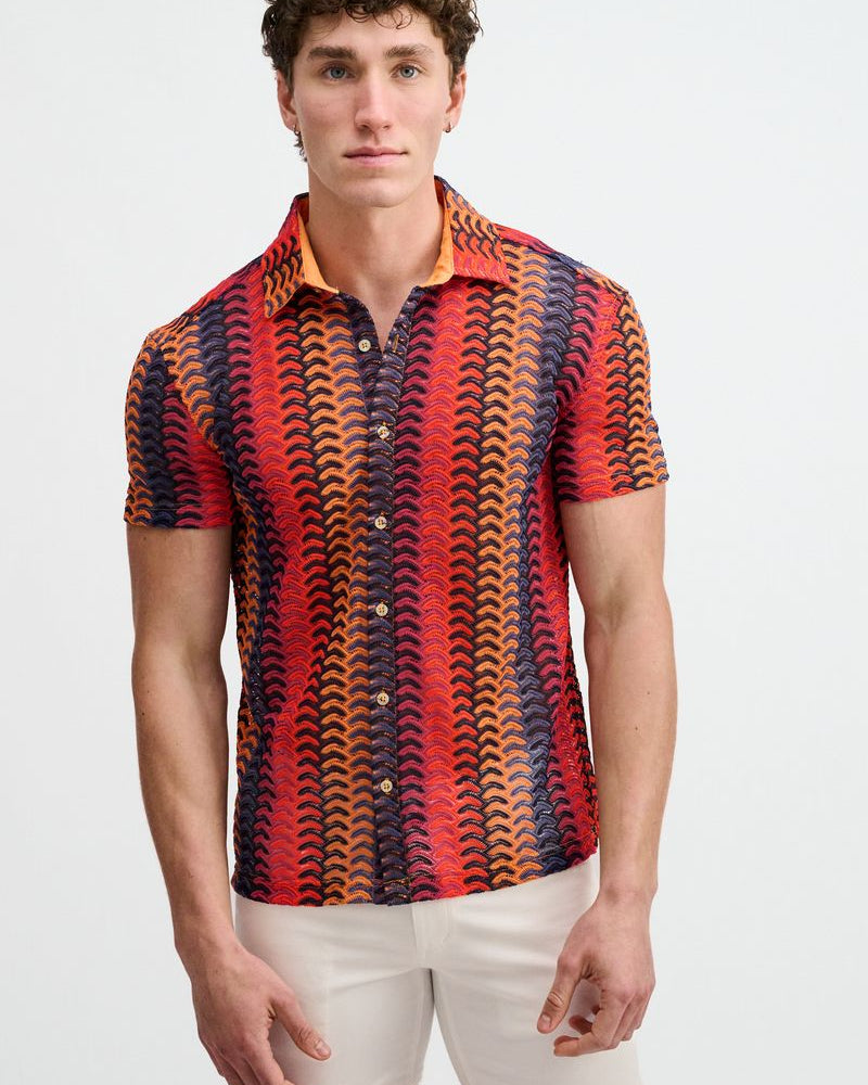 NAVY/RED VERTICAL ARROW STRIPE OPEN KNIT SHORT SLEEVE SHIRT ST-24072