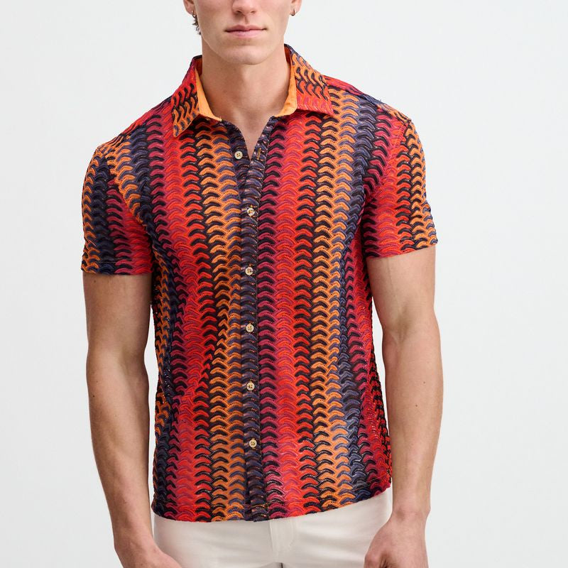 NAVY/RED VERTICAL ARROW STRIPE OPEN KNIT SHORT SLEEVE SHIRT ST-24072