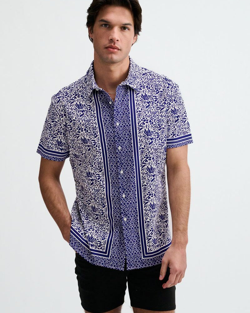 NAVY/WHITE DUO-PATTERN EDGE PRINT COTTON KNIT JERSEY SHORT SLEEVE SHIRT ST-9371