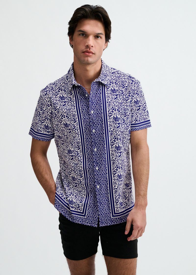 NAVY/WHITE DUO-PATTERN EDGE PRINT COTTON KNIT JERSEY SHORT SLEEVE SHIRT ST-9371