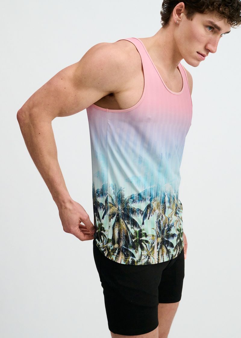BLUSH/AQUA PALMS PRINTED STRETCH MESH TANK ST-11148