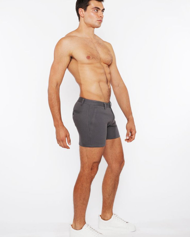 CHARCOAL 5"INSEAM LINEN-LOOK TEXTURED STRETCH KNIT CHINO SHORTS W/ZIP POCKETS ST-1986-09