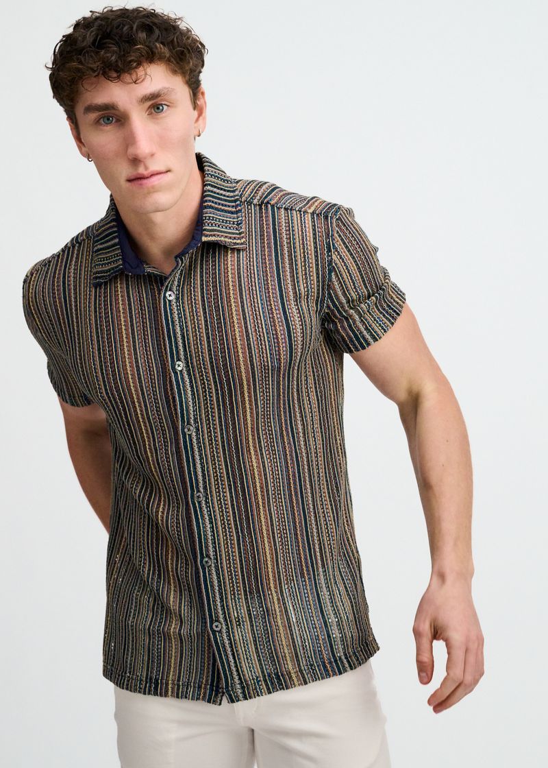 TURQUOISE/KHAKI VERTICAL STRIPE OPEN KNIT SHORT SLEEVE SHIRT ST-24073