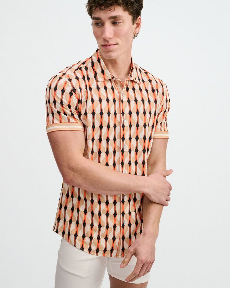 SPICE/SAND BEADS PRINTED PERFORMANCE STRETCH SHORT SLEEVE SHIRT W/PLACKET DETAIL ST-26028
