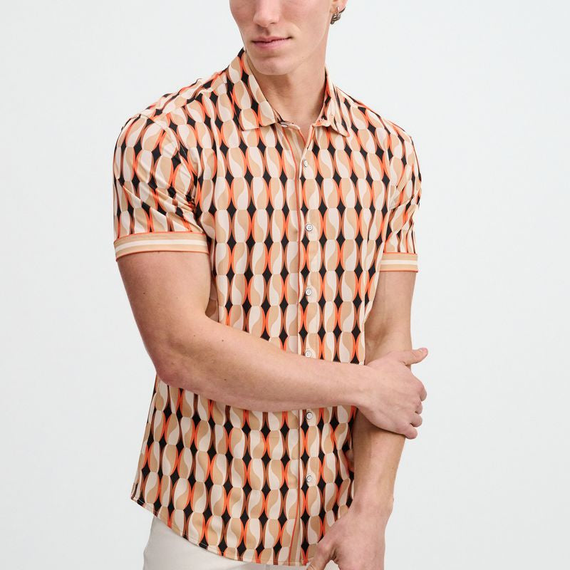 SPICE/SAND BEADS PRINTED PERFORMANCE STRETCH SHORT SLEEVE SHIRT W/PLACKET DETAIL ST-26028
