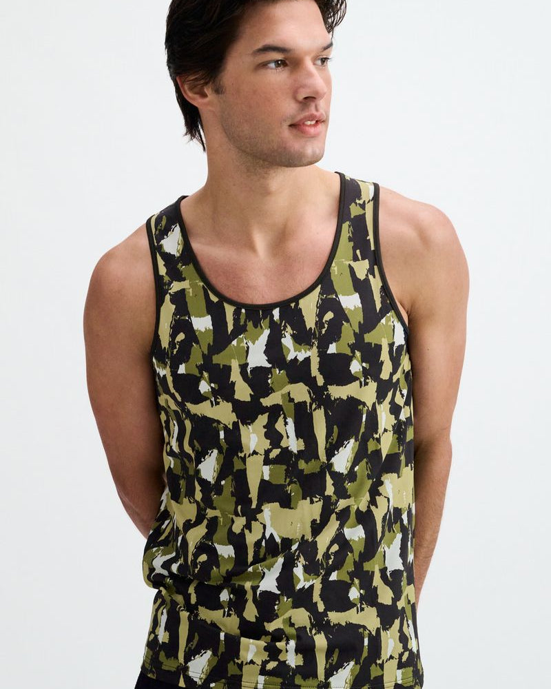 ALOE/BLACK ABSTRACT PRINTED STRETCH MESH PERFORMANCE TANK ST-299