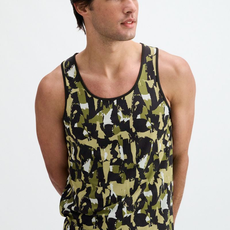 ALOE/BLACK ABSTRACT PRINTED STRETCH MESH PERFORMANCE TANK ST-299