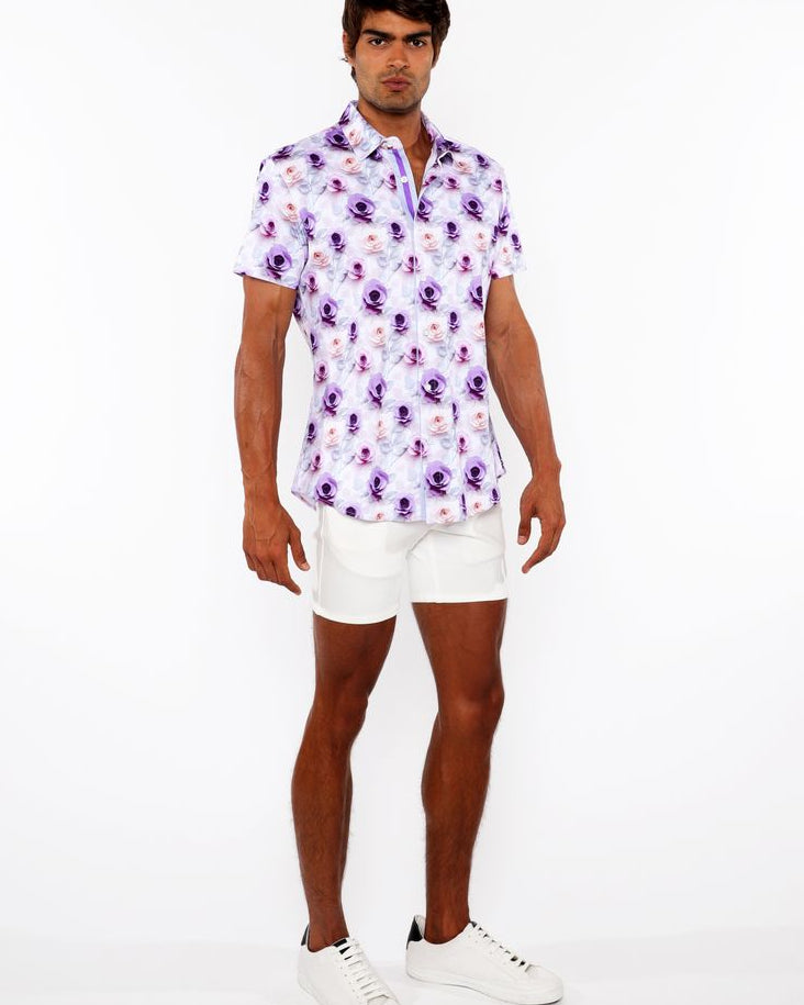 PURPLE/JADE ROSES 3D PRINT COTTON JERSEY KNIT SHORT SLEEVE SHIRT W/CONTRAST STRIPE PLACKET ST-9325