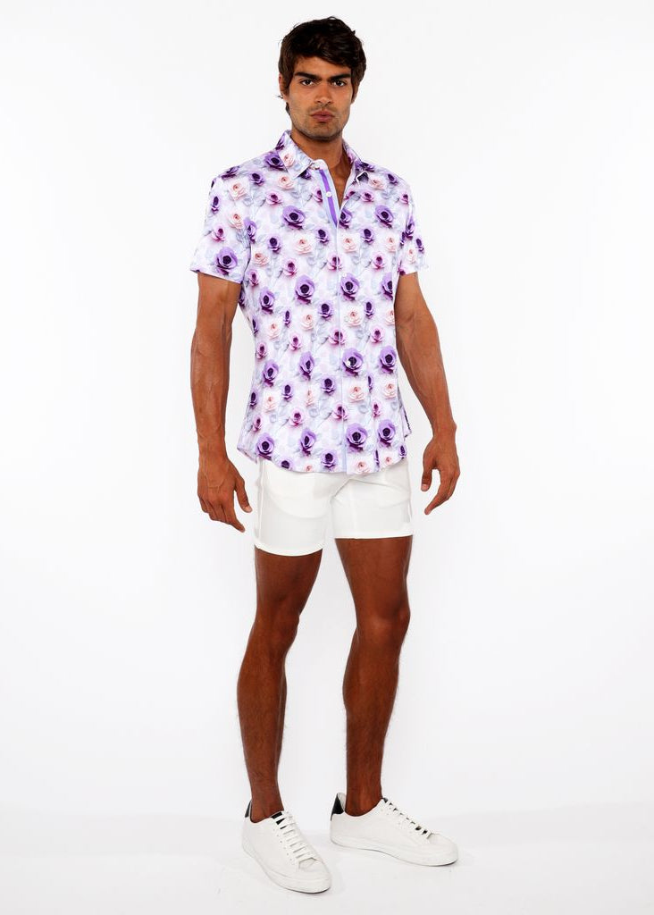 PURPLE/JADE ROSES 3D PRINT COTTON JERSEY KNIT SHORT SLEEVE SHIRT W/CON
