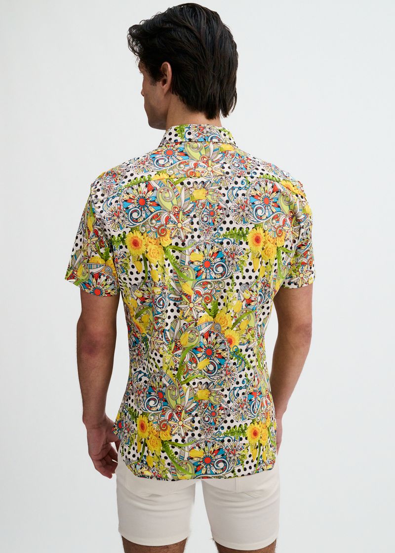 YELLOW/GREEN FLORAL DOTS PRINTED COTTON KNIT JERSEY SHORT SLEEVE SHIRT ST-9365