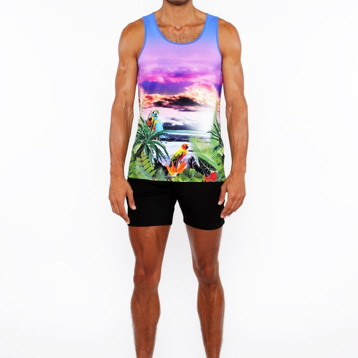 PURPLE/FUCHSIA TROPICS PRINTED STRETCH MESH TANK TOP ST-11134