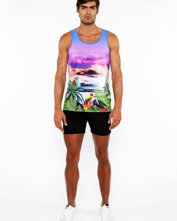 PURPLE/FUCHSIA TROPICS PRINTED STRETCH MESH TANK TOP ST-11134