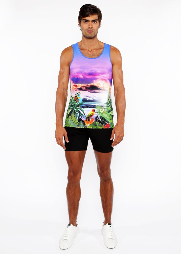 PURPLE/FUCHSIA TROPICS PRINTED STRETCH MESH TANK TOP ST-11134