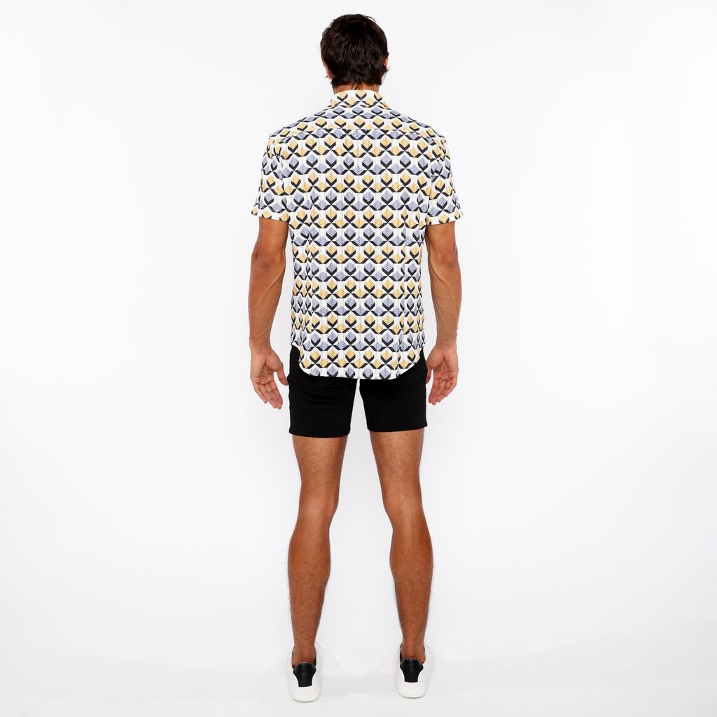 GOLD/SILVER DIAMONDS PRINTED OPEN KNIT STRETCH SHORT SLEEVE SHIRT ST-48071