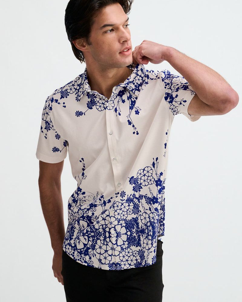 NAVY/WHITE FLORAL ENGINEERED BORDER PRINT COTTON KNIT JERSEY SHORT SLEEVE SHIRT ST-9351