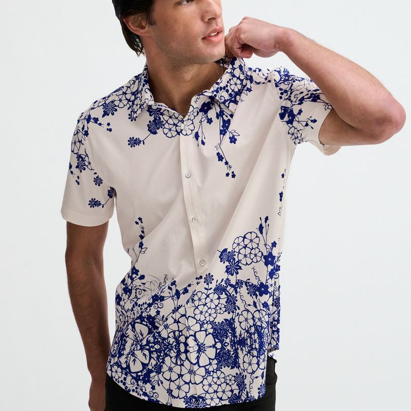 NAVY/WHITE FLORAL ENGINEERED BORDER PRINT COTTON KNIT JERSEY SHORT SLEEVE SHIRT ST-9351