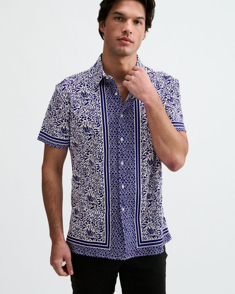 NAVY/WHITE DUO-PATTERN EDGE PRINT COTTON KNIT JERSEY SHORT SLEEVE SHIRT ST-9371