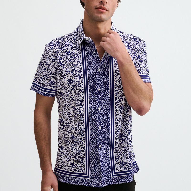 NAVY/WHITE DUO-PATTERN EDGE PRINT COTTON KNIT JERSEY SHORT SLEEVE SHIRT ST-9371