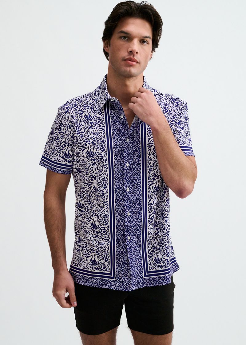 NAVY/WHITE DUO-PATTERN EDGE PRINT COTTON KNIT JERSEY SHORT SLEEVE SHIRT ST-9371
