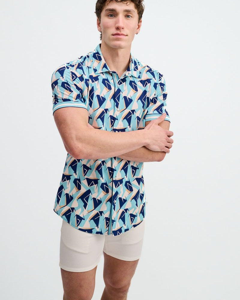 MIRAGE/COBALT ABSTRACT PRINTED PERFORMANCE STRETCH SHORT SLEEVE SHIRT W/PLACKET DETAIL ST-26025