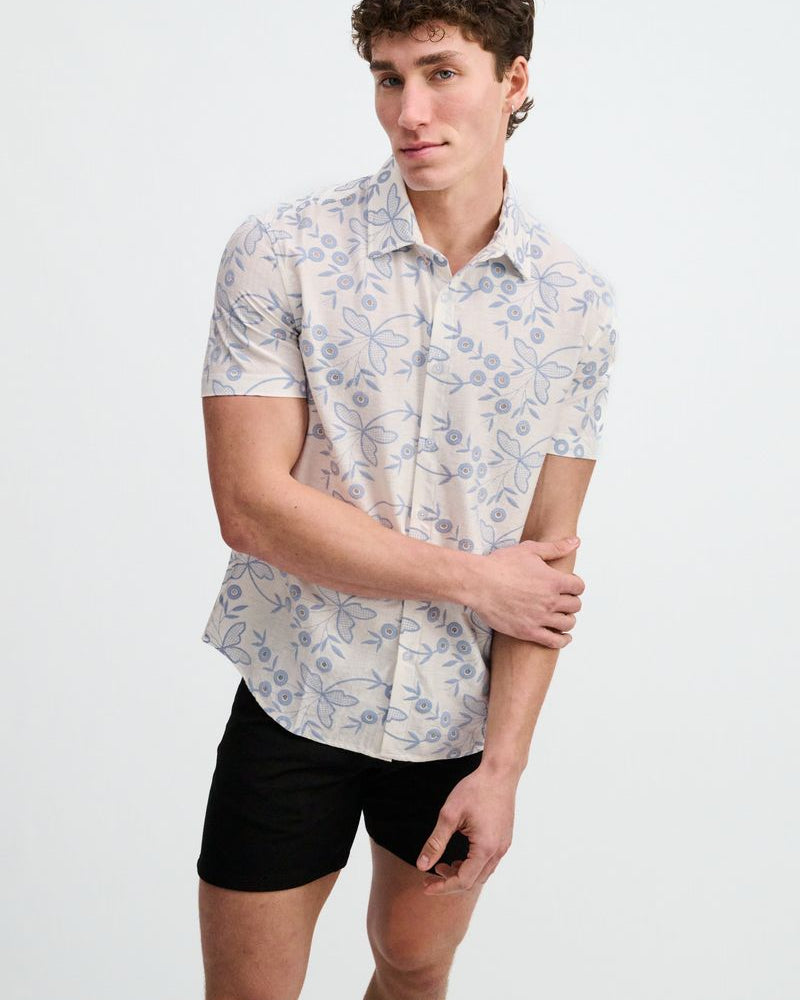 SKY/WHITE PRINTED STRETCH EYELET KNIT SHORT SLEEVE SHIRT ST-24077