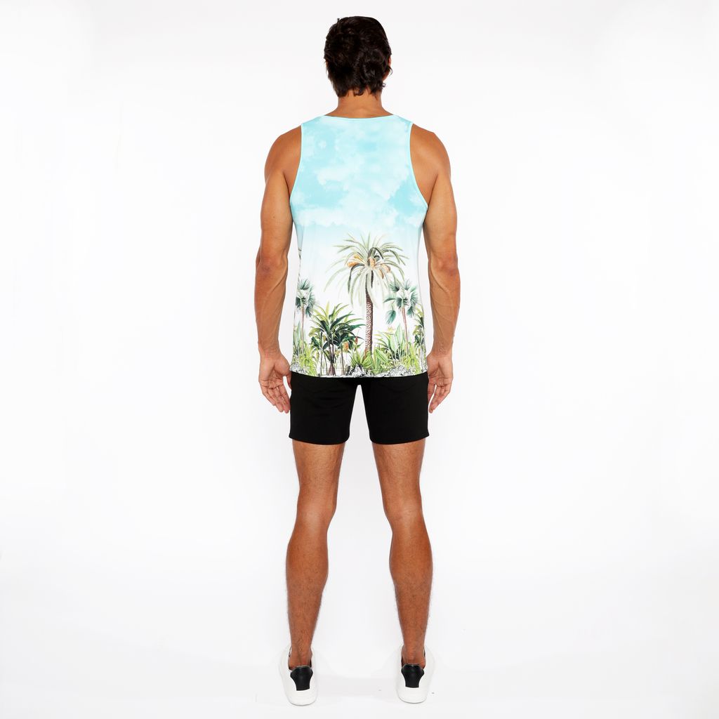 TEAL/GREEN PALM TREES PRINTED STRETCH MESH TANK TOP ST-11136