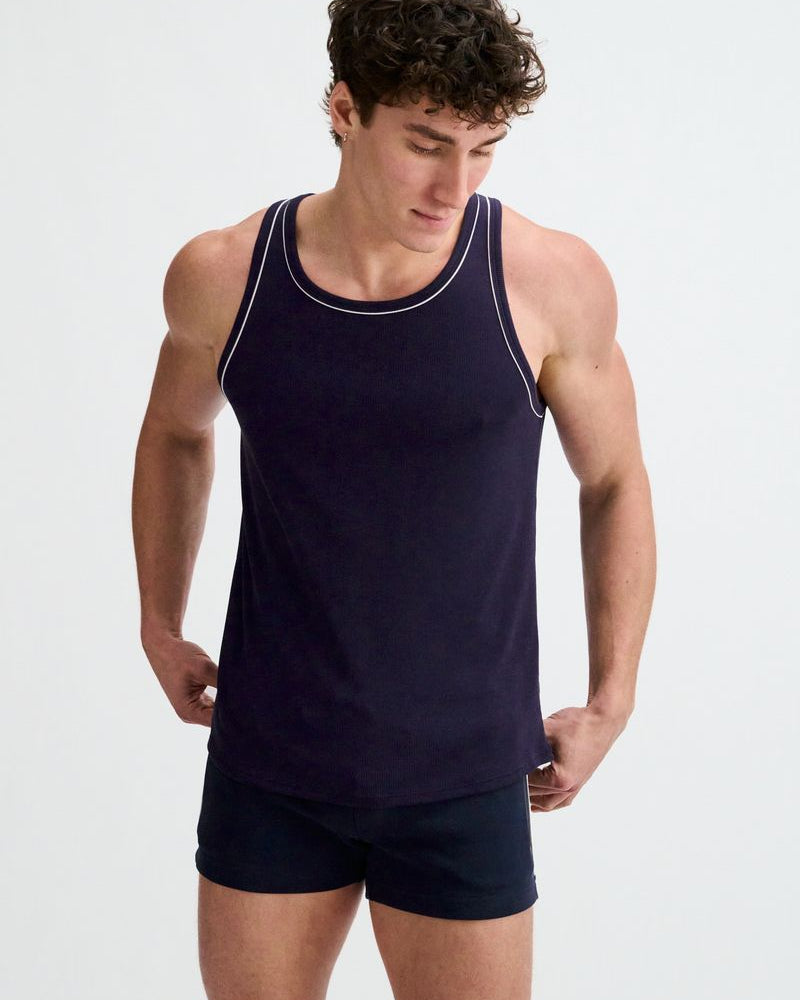 NAVY/WHITE RIB STRETCH COTTON/TENCEL TANK W/FINE PIPING DETAIL STA-16011