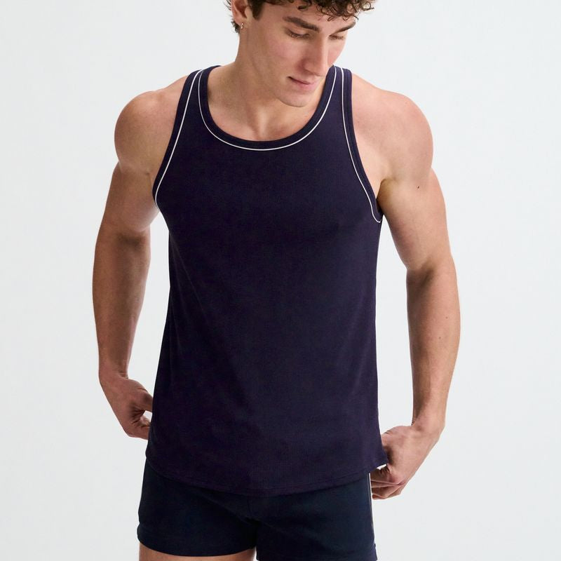 NAVY/WHITE RIB STRETCH COTTON/TENCEL TANK W/FINE PIPING DETAIL STA-16011