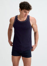 NAVY/WHITE RIB STRETCH COTTON/TENCEL TANK W/FINE PIPING DETAIL STA-16011