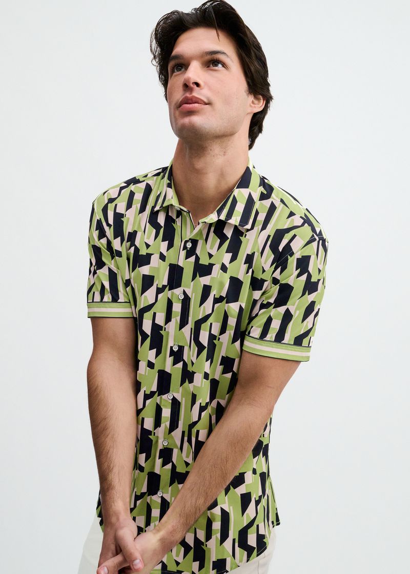 MENTHOL/MIDNIGHT ABSTRACT PRINTED PERFORMANCE STRETCH SHORT SLEEVE SHIRT W/PLACKET DETAIL ST-26026