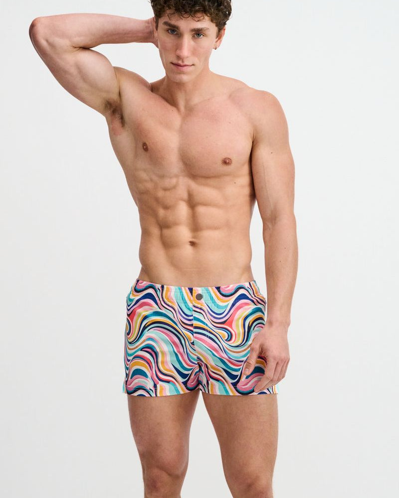 TEAL/MULTI SWIRLS PRINTED SWIM SHORTS W/MESH BRIEF LINING ST-8024-15