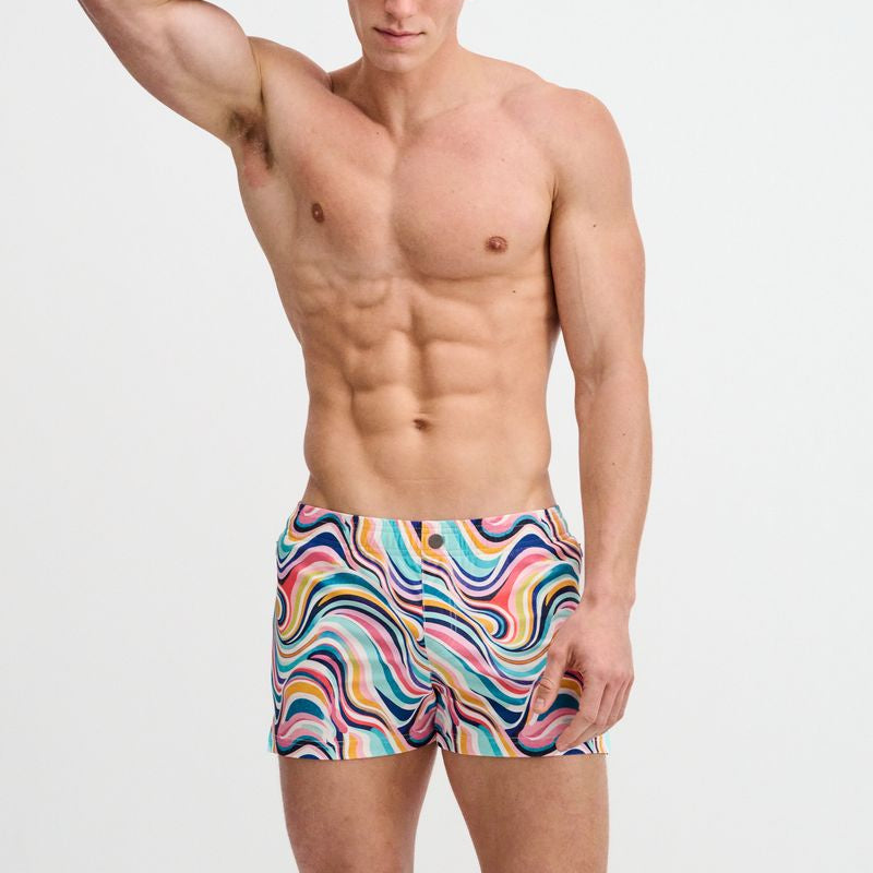 TEAL/MULTI SWIRLS PRINTED SWIM SHORTS W/MESH BRIEF LINING ST-8024-15