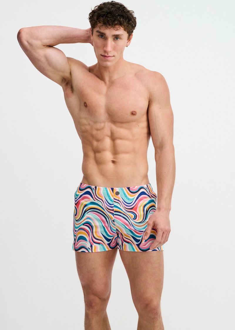 TEAL/MULTI SWIRLS PRINTED SWIM SHORTS W/MESH BRIEF LINING ST-8024-15