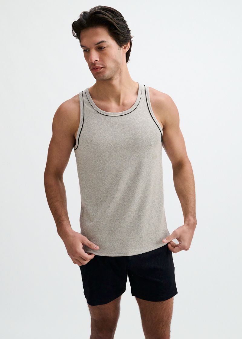 GUNPOWDER/BLACK RIB STRETCH COTTON/TENCEL TANK W/FINE PIPING DETAIL STA-16011