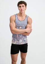 SLATE/BLUSH STRIPES PRINTED STRETCH MESH TANK ST-11149