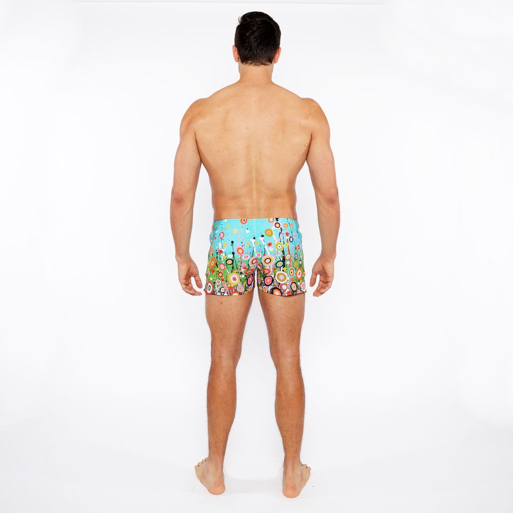 SKY/MULTI CIRCLE BURTS PRINTED SWIM SHORT W/MESH BRIEF LINING ST-8024-01