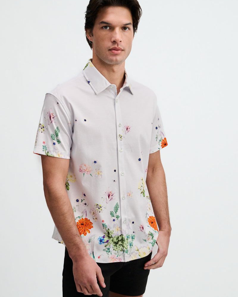 PERIWINKLE/SPRING FLORAL ENGINEERED BORDER PRINT COTTON KNIT JERSEY SHORT SLEEVE SHIRT ST-9355