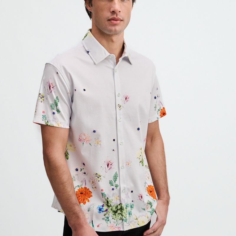 PERIWINKLE/SPRING FLORAL ENGINEERED BORDER PRINT COTTON KNIT JERSEY SHORT SLEEVE SHIRT ST-9355