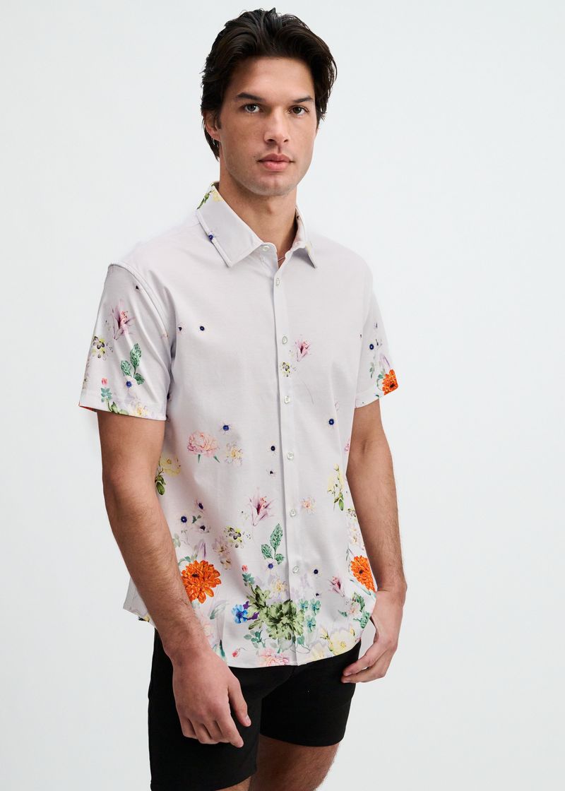 PERIWINKLE/SPRING FLORAL ENGINEERED BORDER PRINT COTTON KNIT JERSEY SHORT SLEEVE SHIRT ST-9355