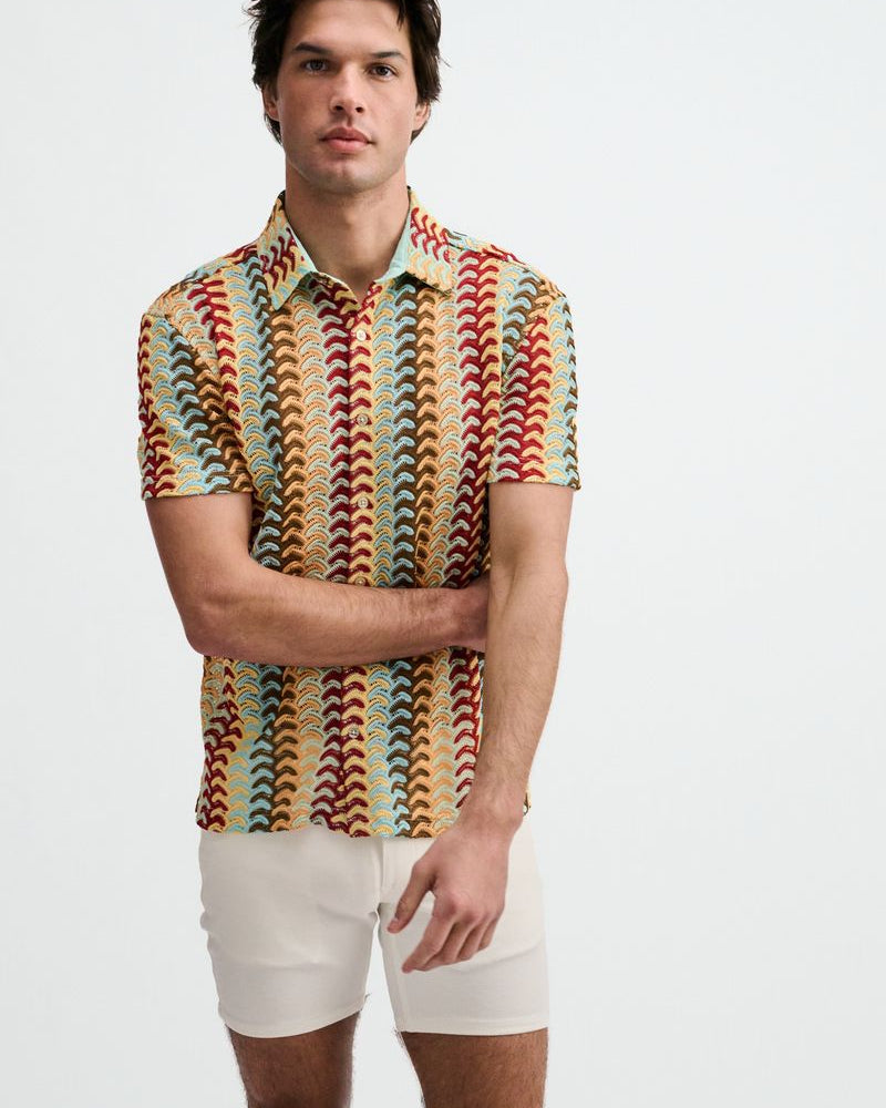 MIRAGE/YOLK VERTICAL ARROW STRIPE OPEN KNIT SHORT SLEEVE SHIRT ST-24072