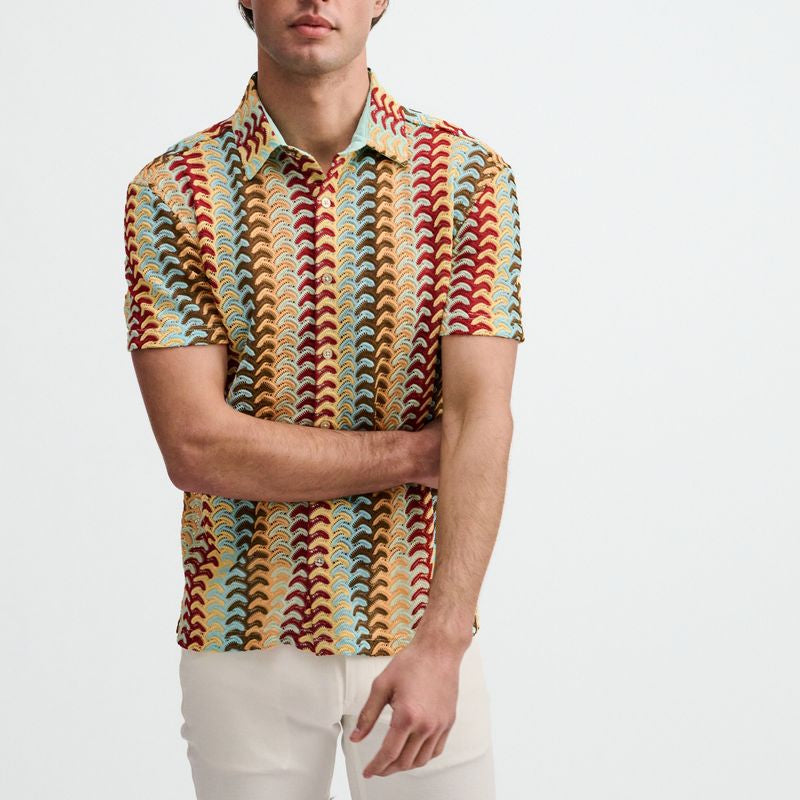 MIRAGE/YOLK VERTICAL ARROW STRIPE OPEN KNIT SHORT SLEEVE SHIRT ST-24072